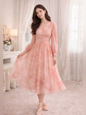 Romantic Silk Midi Dress Long Sleeve For Vacation M NWT 100% silk MSRP $399